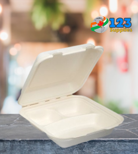 SUGARCANE BIODEGRADABLE CONTAINER - 9 x 9 x 3 - 3 COMPARTMENT (50)